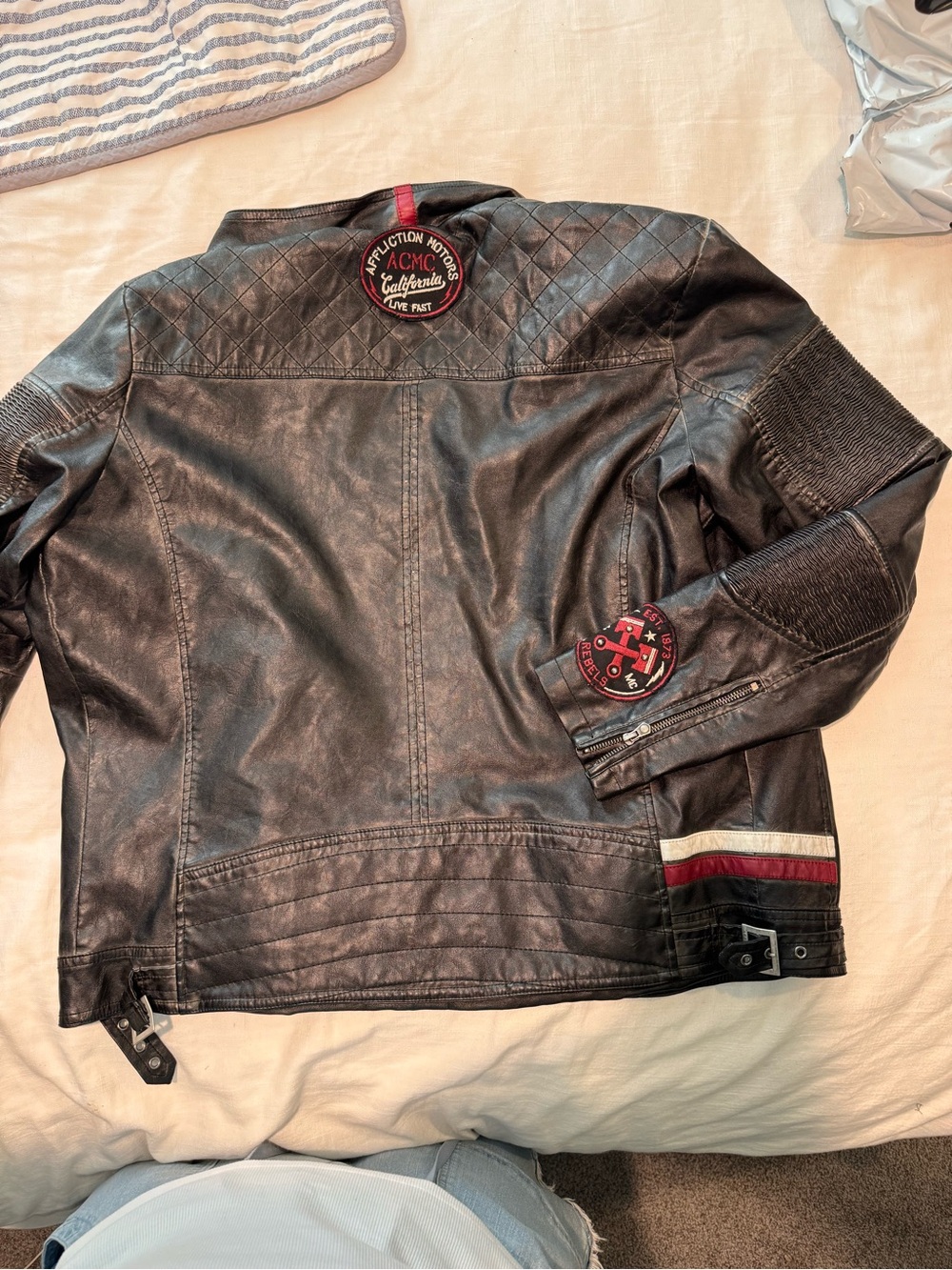 Affliction Black Leather Bomber Jacket with Red Patch Accents - Picture 3 of 3